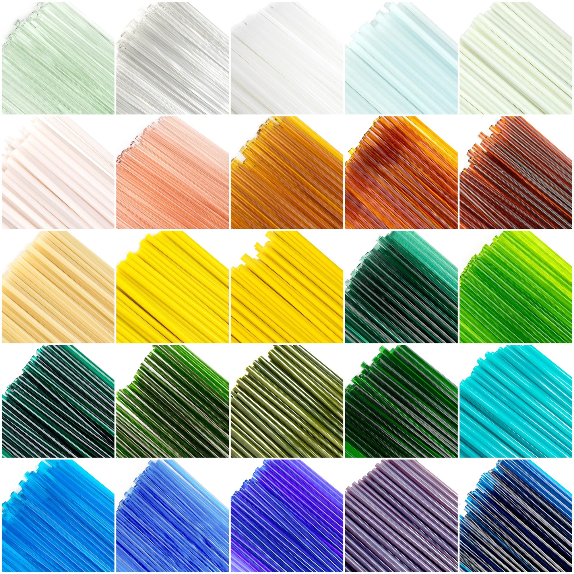 Grid of glass cane color samples, from clear and pale tints through yellows, greens, blues, and purples